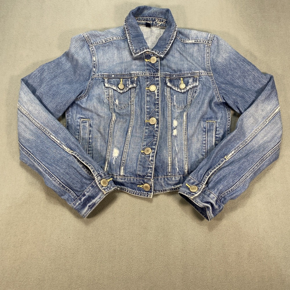 American Eagle Jacket Womens Large Denim Jean Cropped Cotton Distressed